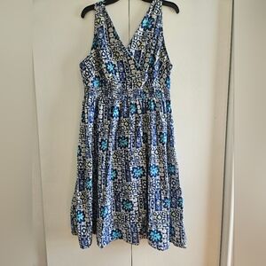 Avenue Summer Dress Sleeveless Print Blue White elastic Waist V Neck Size 22/24